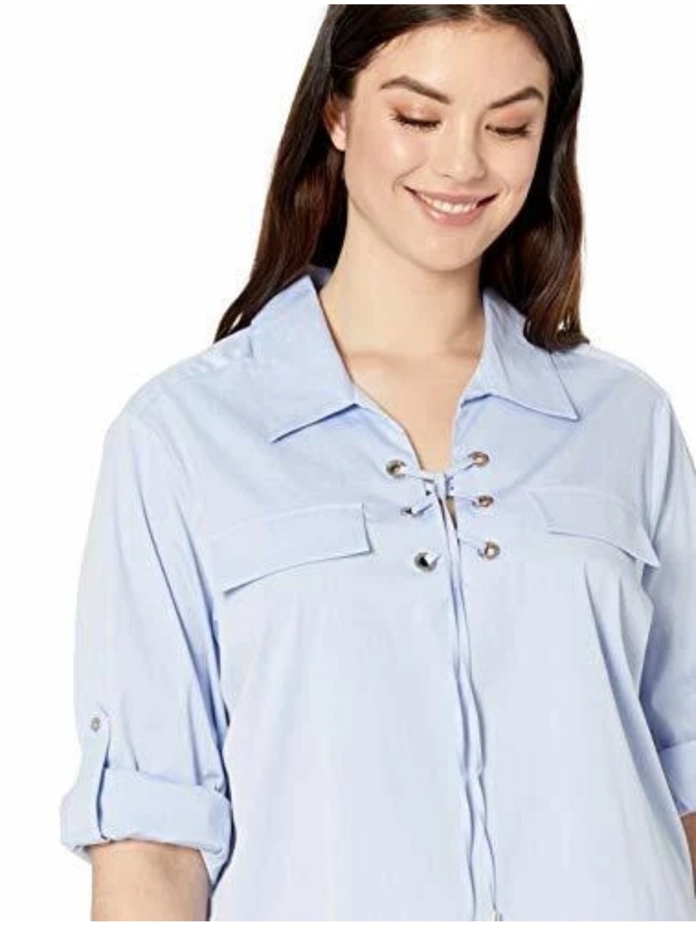 Calvin Klein XL Light Blue Lace-Up Utility Blouse Cotton Blend Grommet Pockets